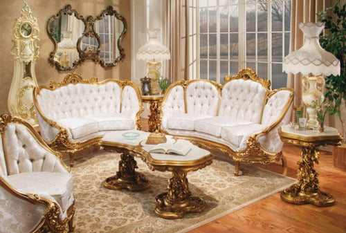 VICTORIAN LOOK WHITE WITH GOLD FINISH LIVING ROOM SET (6 PC)
