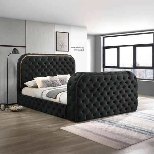 Acme Kana Black Upholstery Velvet Queen Bed w/LED, Fireplace & TV Cabinet