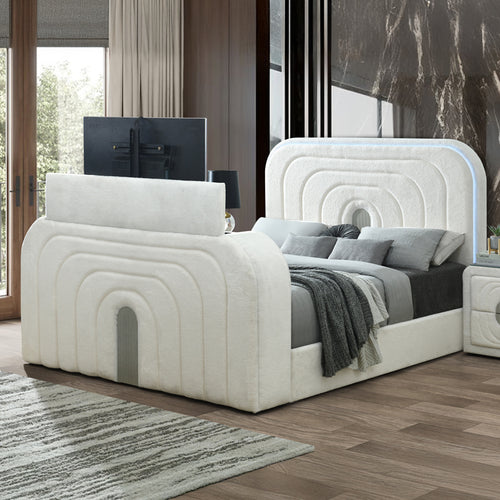 Acme Shelyn White Teddy Sherpa & Chrome  Queen Bed w/LED, TV Cabinet, Fireplace & Bluetooth