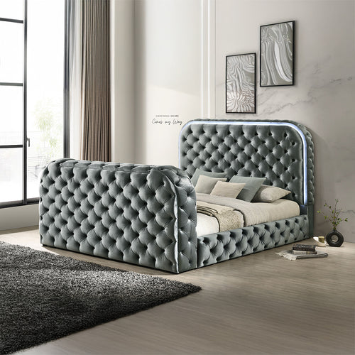Acme Kana Gray Upholstery Velvet Eastern King Bed w/LED, Fireplace & TV Stand