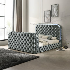 Acme Kana Gray Upholstery Velvet Eastern King Bed w/LED, Fireplace & TV Stand