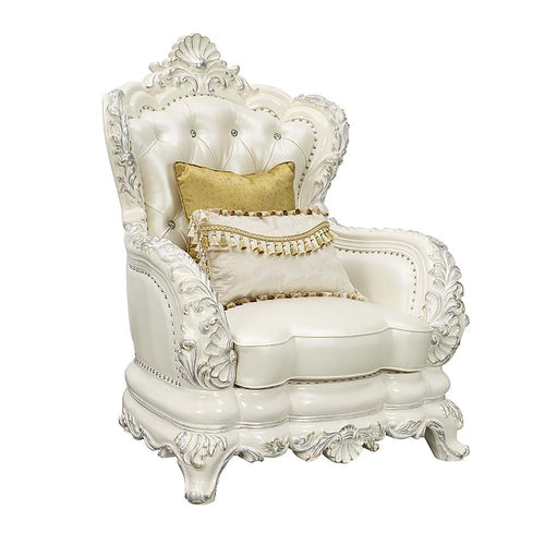 Acme Adara Pearl White Synthetic Leather & Antique White  Chair w/2 Pillows