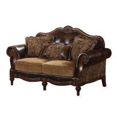 ACME DREENA TWO TONE BROWN PU & CHENILLE CHERRY FINISH LOVESEAT W/3 PILLOWS