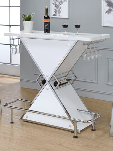 COASTER DINING-ROOM X-SHAPED BAR UNIT WITH WINE BOTTLE STORAGE GLOSSY WHITE