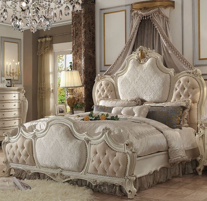 ACME PICARDY FABRIC & ANTIQUE PEARL QUEEN BED