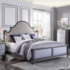 ACME HOUSE BEATRICE TWO TONE BEIGE FABRIC, CHARCOAL & LIGHT GRAY FINISH QUEEN BED