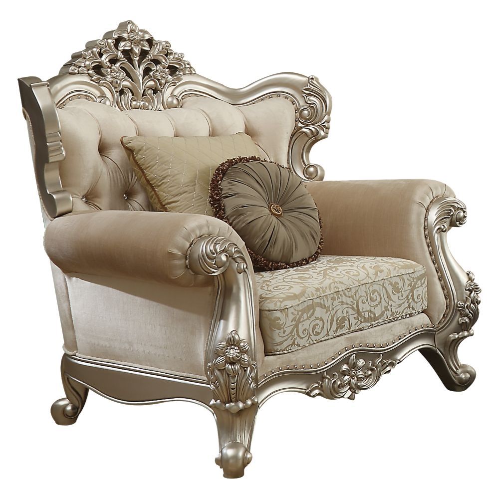 ACME BENTLY FABRIC & CHAMPAGNE FINISH CHAIR W/2 PILLOWS(SAME LV01581)