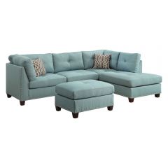 ACME LAURISSA LIGHT TEAL LINEN SECTIONAL SOFA & OTTOMAN W/2 PILLOWS