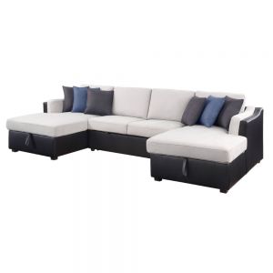 ACME MERILL BEIGE FABRIC & BLACK PU SECTIONAL SOFA W/SLEEPER & 6 PILLOWS