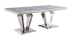 ACME SATINKA LIGHT GRAY PRINTED FAUX MARBLE TOP & MIRRORED SILVER FINISH DINING TABLE