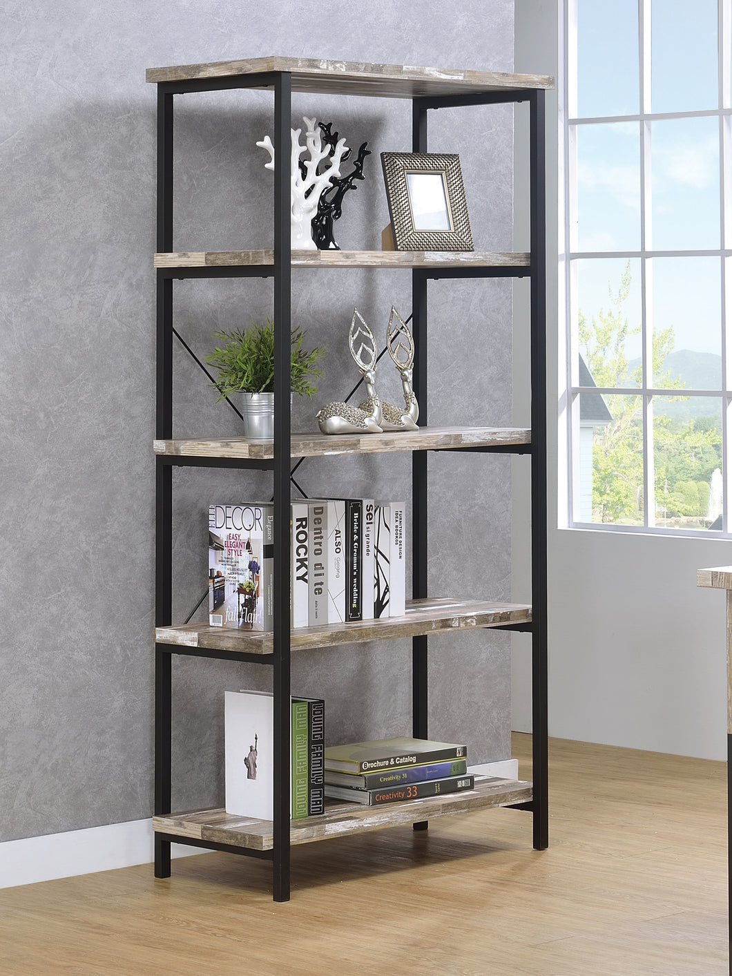 COASTER OFFICE-ACCESSORY SKELTON 4-SHELF BOOKCASE SALVAGED CABIN AND BLACK