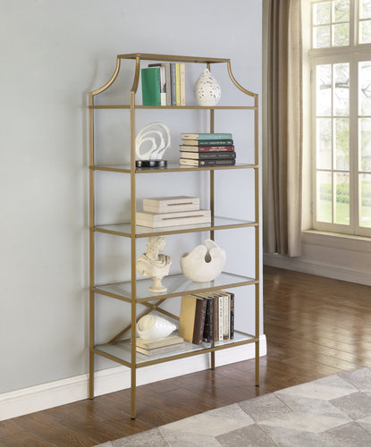 COASTER OFFICE-ACCESSORY 5-TIER TEMPERED GLASS SHELVES BOOKCASE MATTE GOLD