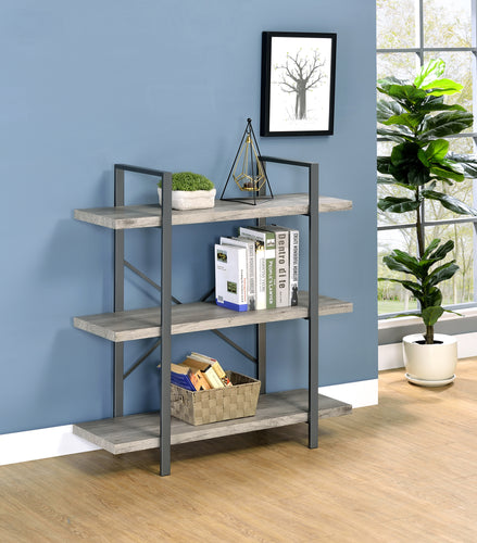 COASTER OFFICE-ACCESSORY 3-SHELF BOOKCASE GREY DRIFTWOOD AND GUNMETAL