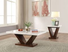 ACME FORBES WHITE MARBLE TOP & WALNUT FINISH COFFEE TABLE