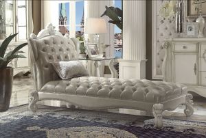 ACME VERSAILLES VINTAGE GRAY PU & BONE WHITE FINISH CHAISE W/1 PILLOW