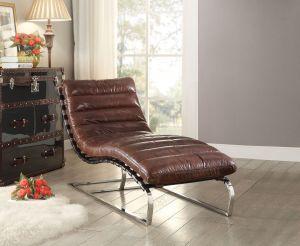 ACME QORTINI VINTAGE DARK BROWN TOP GRAIN LEATHER & STAINLESS STEEL CHAISE