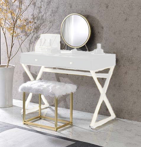 ACME ADAO FAUX FUR, MIRROR, BLACK & BRASS FINISH VANITY MIRROR & STOOL