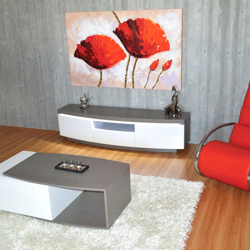 White & Brown TV Stand/Console, High Gloss MDF, LED Lights, 2 Doors, Self Closing, Modern Living Room