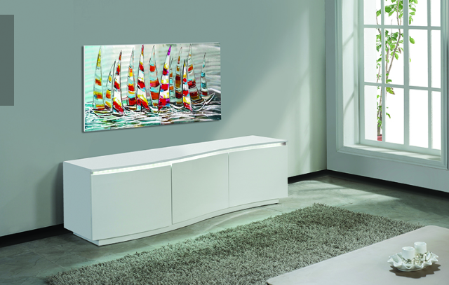 GRAKO White lacquer TV Stand with 3 doors self closing - LED light included