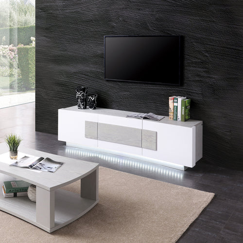 White & Grey TV Stand/Console, High Gloss MDF, LED Lights, 3 Doors, Self Closing, Modern Living Room