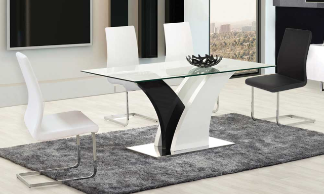 Grako White and Black Modern Table With Chrome Base and Clear Glass Top