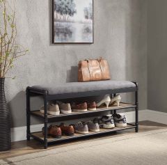 ACME BRANTLEY GRAY FABRIC, OAK & SANDY BLACK FINISH SHOE RACK