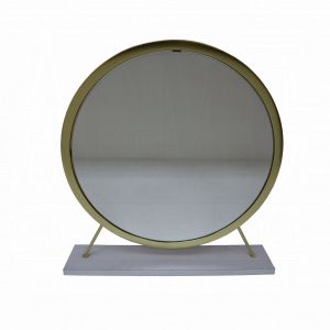 ACME ADAO FAUX FUR, MIRROR, WHITE & BRASS FINISH VANITY MIRROR & STOOL