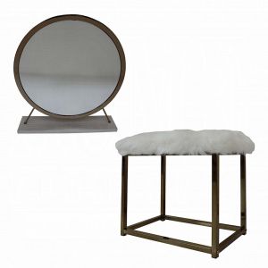 ACME ADAO FAUX FUR, MIRROR, WHITE & CHAMPAGNE FINISH VANITY MIRROR & STOOL