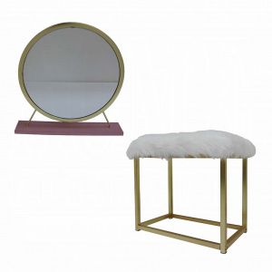 ACME ADAO FAUX FUR, MIRROR, PINK & GOLD FINISH VANITY MIRROR & STOOL