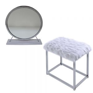 ACME ADAO FAUX FUR, MIRROR, WHITE & CHROME FINISH VANITY MIRROR & STOOL