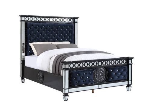 ACME VARIAN II MIRRORED, DARK NAVY VELVET & BLACK & SLIVER FINISH EK BED