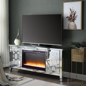 ACME NORALIE MIRRORED & FAUX DIAMONDS TV STAND W/FIREPLACE