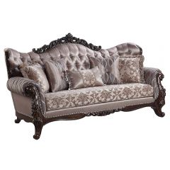 ACME BENBEK FABRIC & ANTIQUE OAK FINISH SOFA W/5 PILLOWS